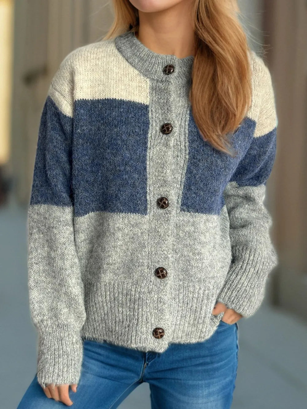 Elowyn™ | Color Block Round Neck Button-Up Cardigan