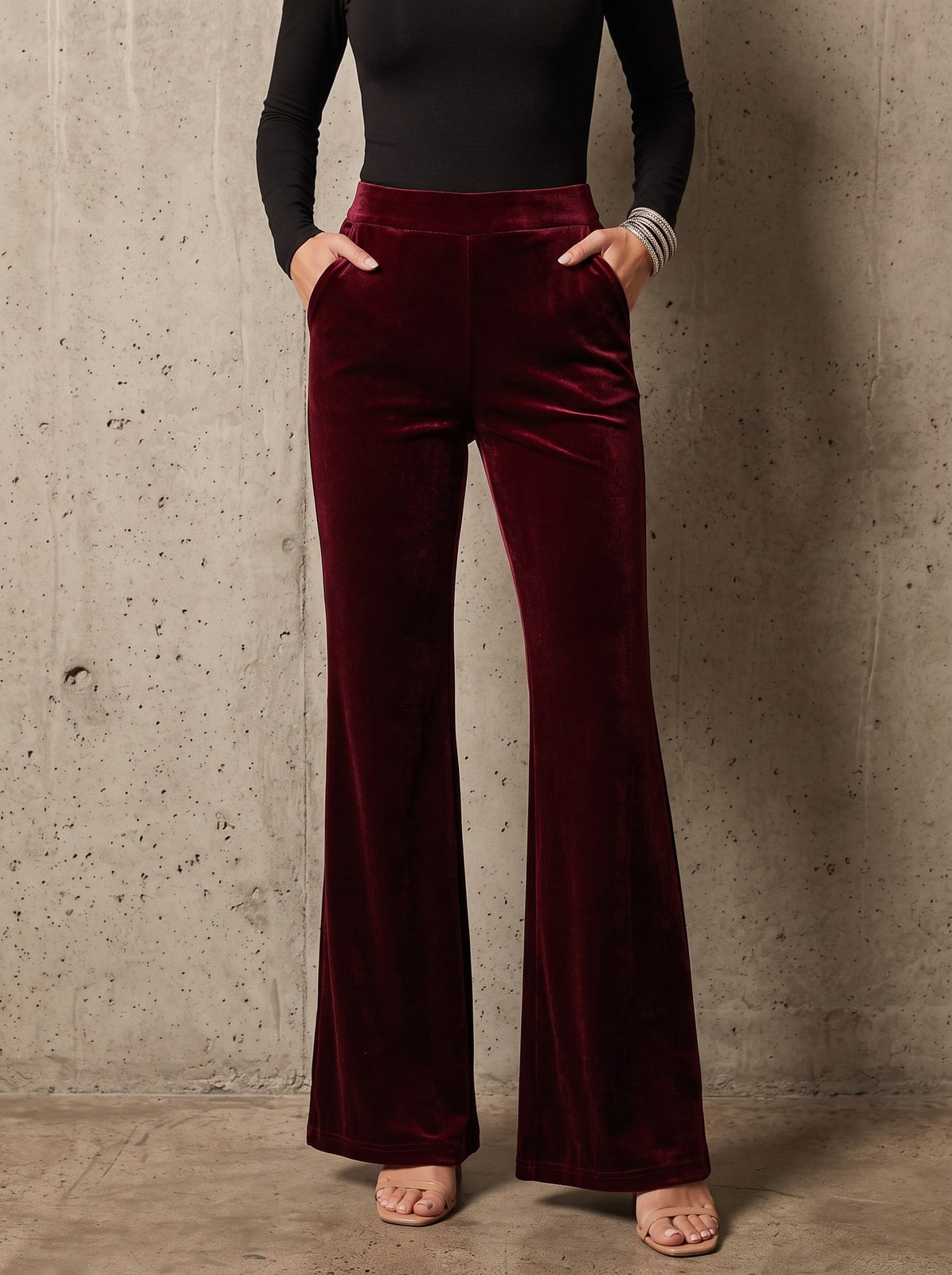 carmine wine velvet flared trousers