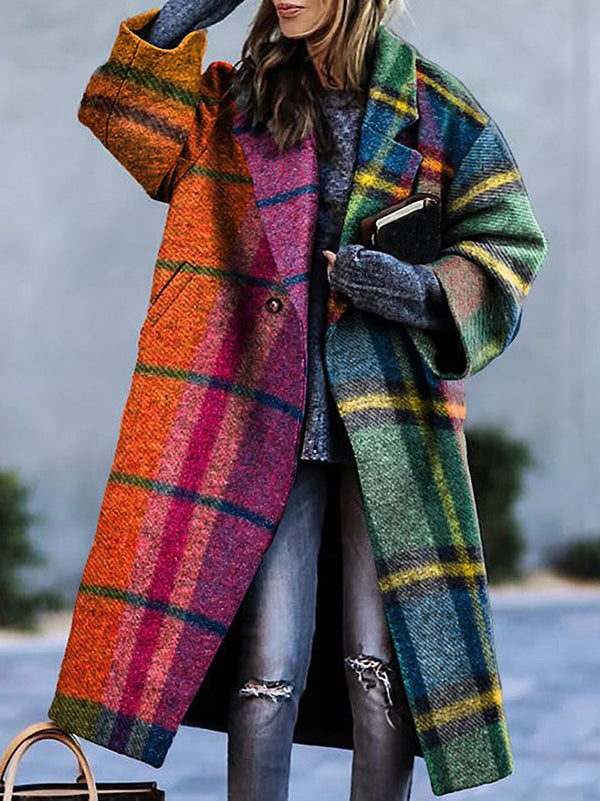 Trevaine™ | Loose Contrast Plaid Patchwork Lapel Long Coat