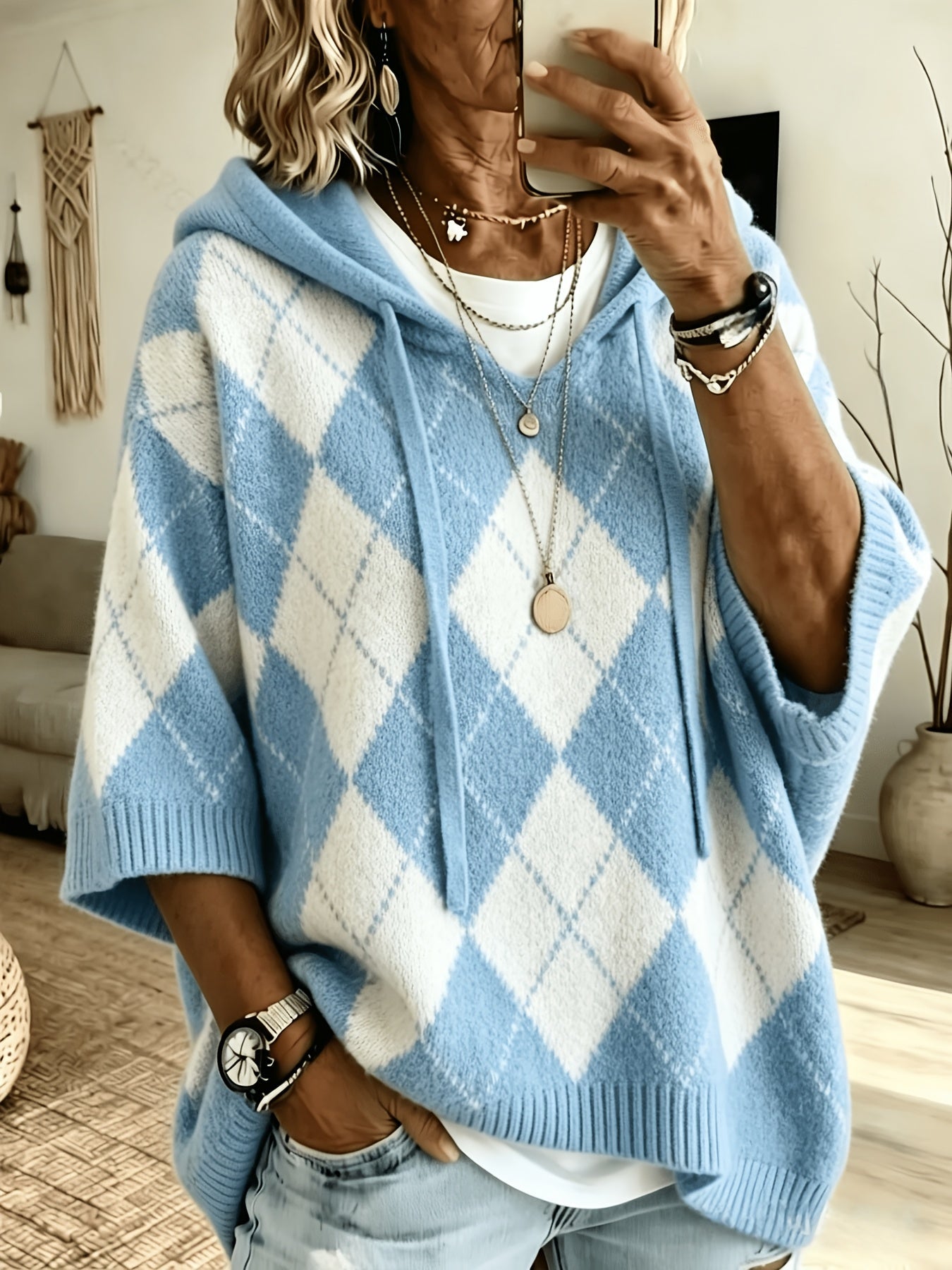 Nadia™ | Retro Diamond Hooded Sweater