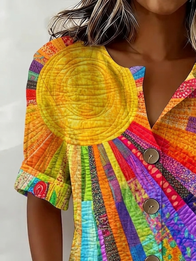 Floriana™ | Abstract Patchwork Print V-Neck Button-Up Short Sleeve Top