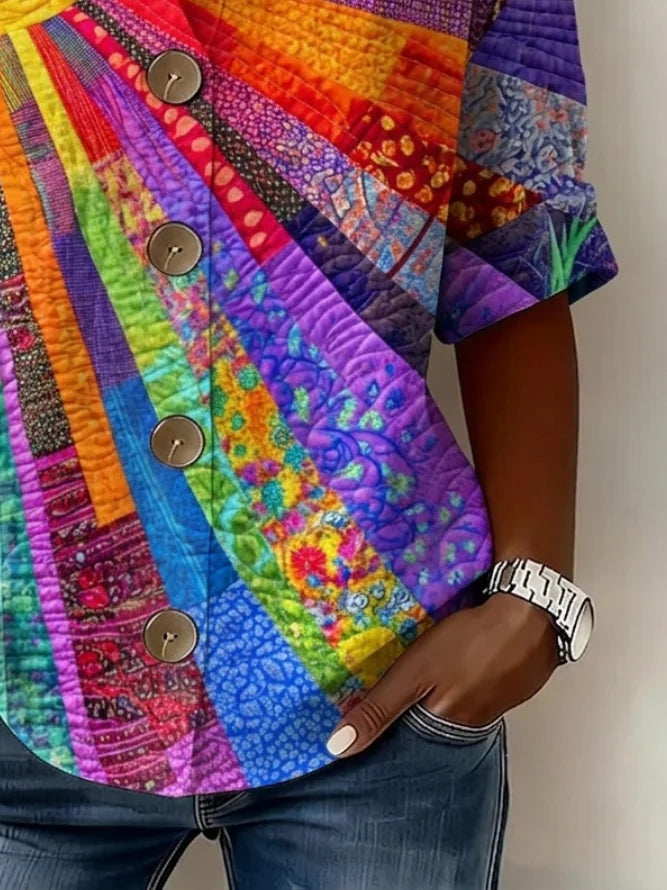 Floriana™ | Abstract Patchwork Print V-Neck Button-Up Short Sleeve Top