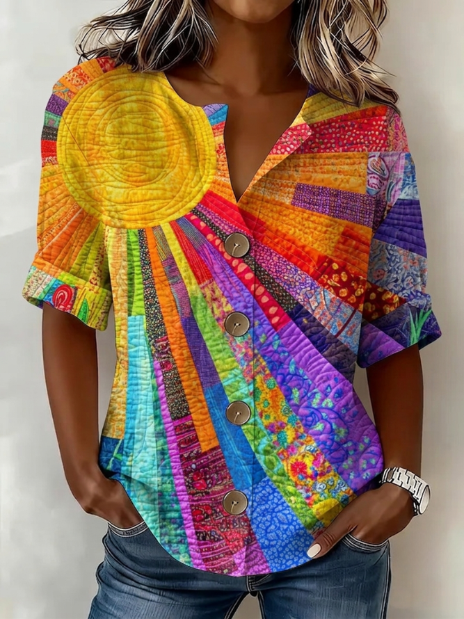 Floriana™ | Abstract Patchwork Print V-Neck Button-Up Short Sleeve Top