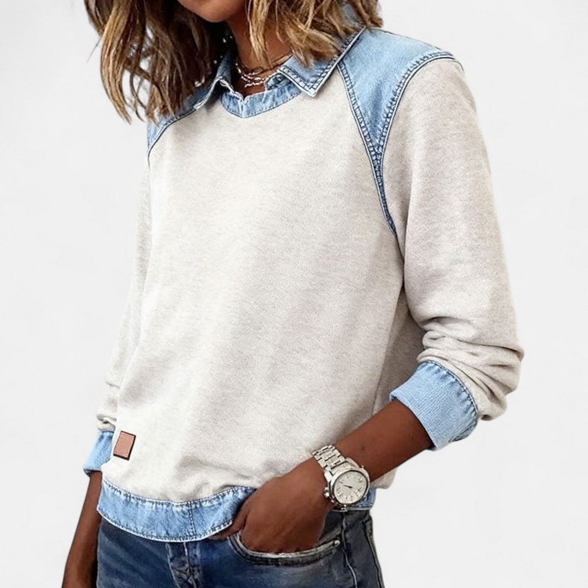 Ruth | Women's Denim Patchwork Collared Sweatshirt