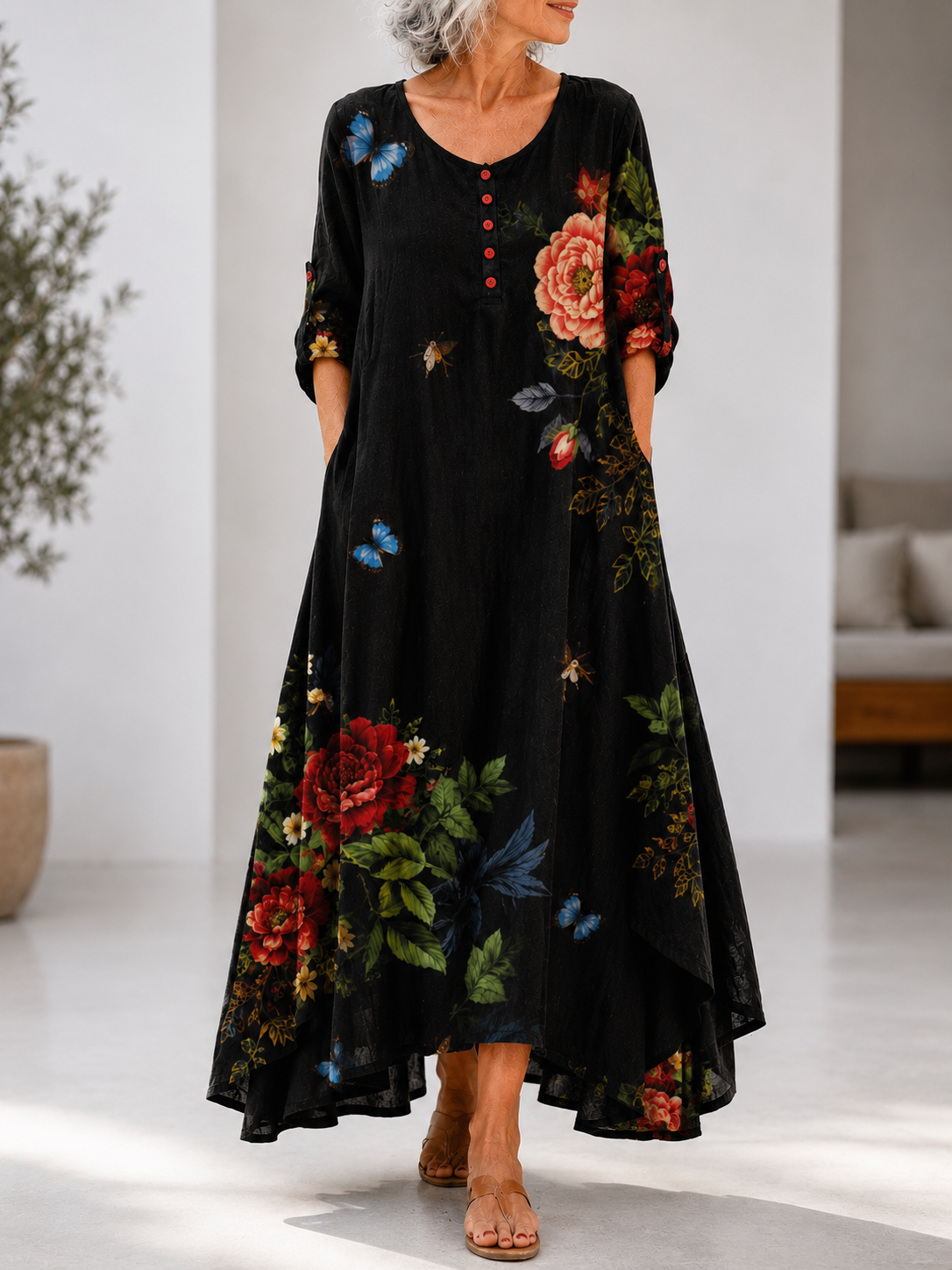 Florentina™ | Floral & Butterfly Print A-Line Maxi Dress