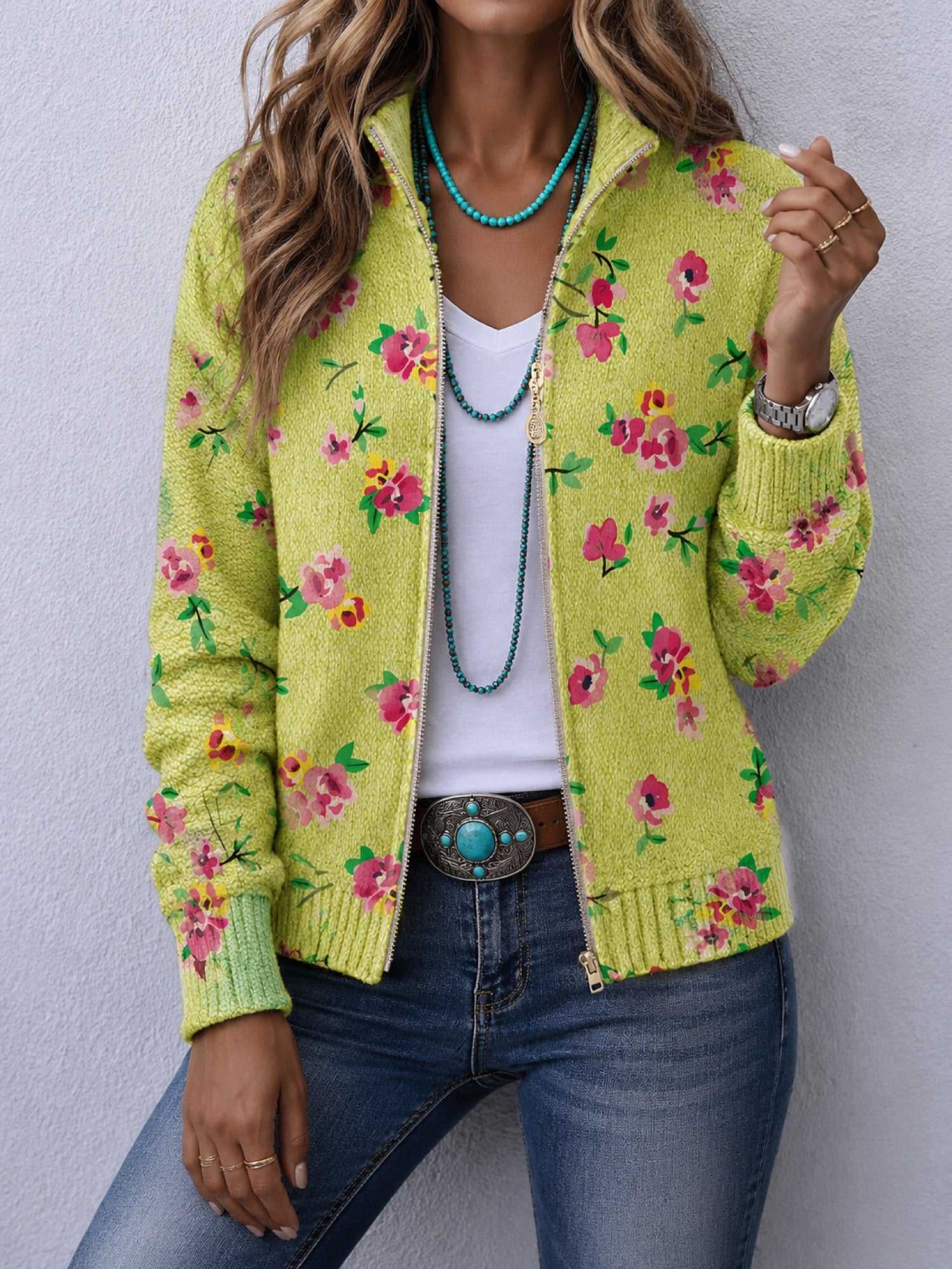 Constance™ | Pink Floral Lime Zip Cardigan