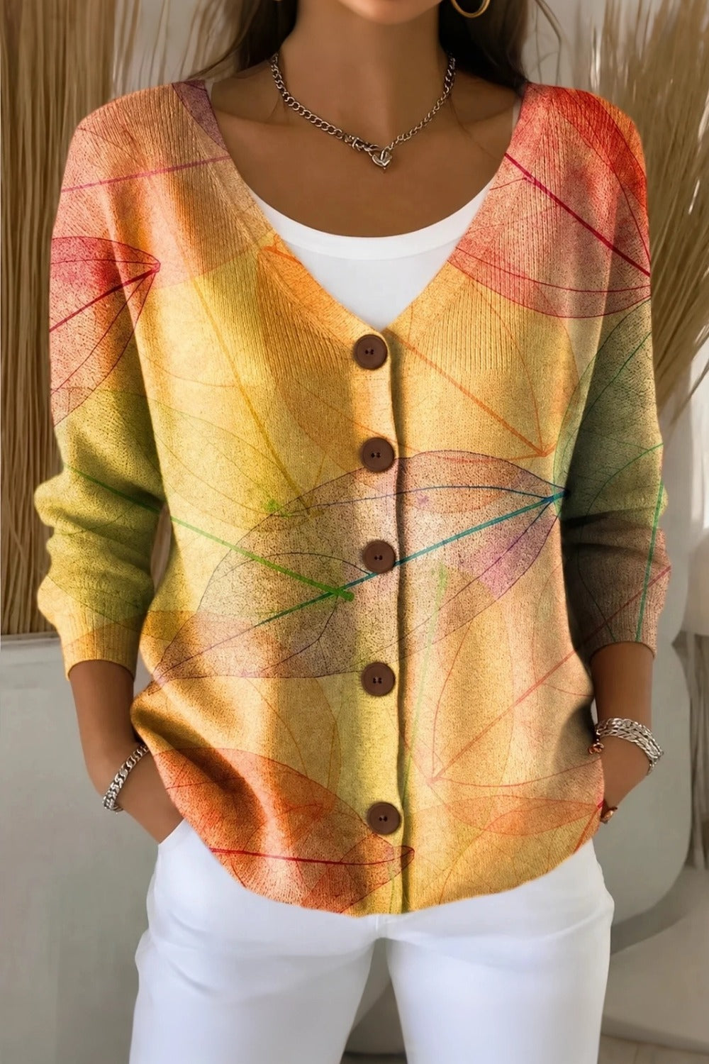 Marvena™ | Elegant Leaf V-Neck Cardigan
