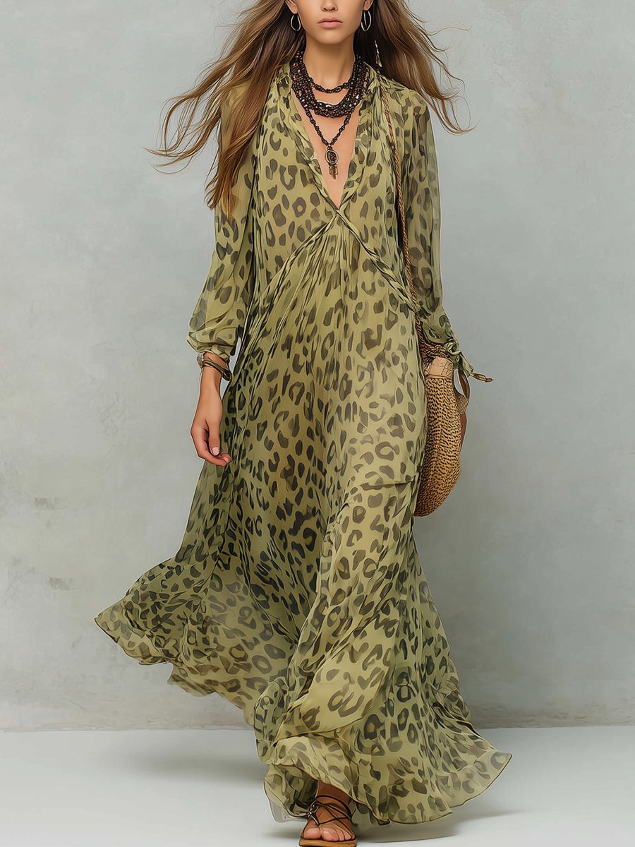 Lavara™ | Olive Green Leopard Print Long-Sleeve Bohemian Maxi Dress