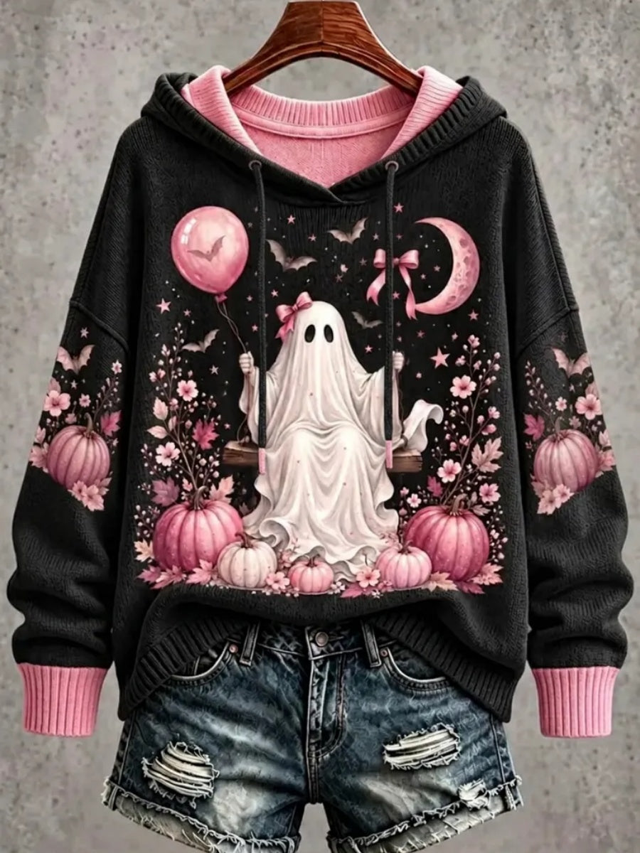 Women's Halloween Pink Ghost Knit Hoodie