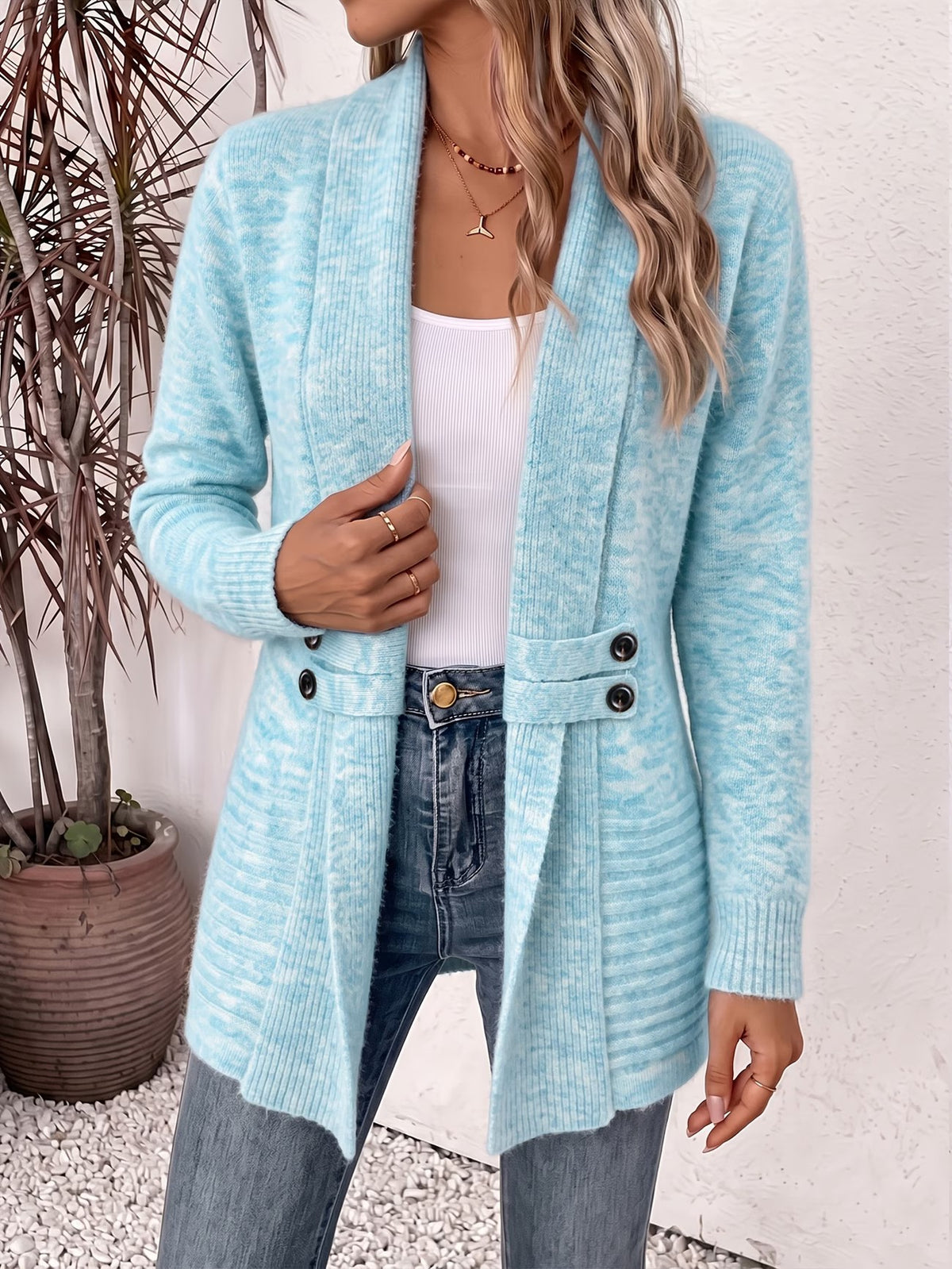 Nova™ | Aqua Ribbed Knit Button-Tab Cardigan