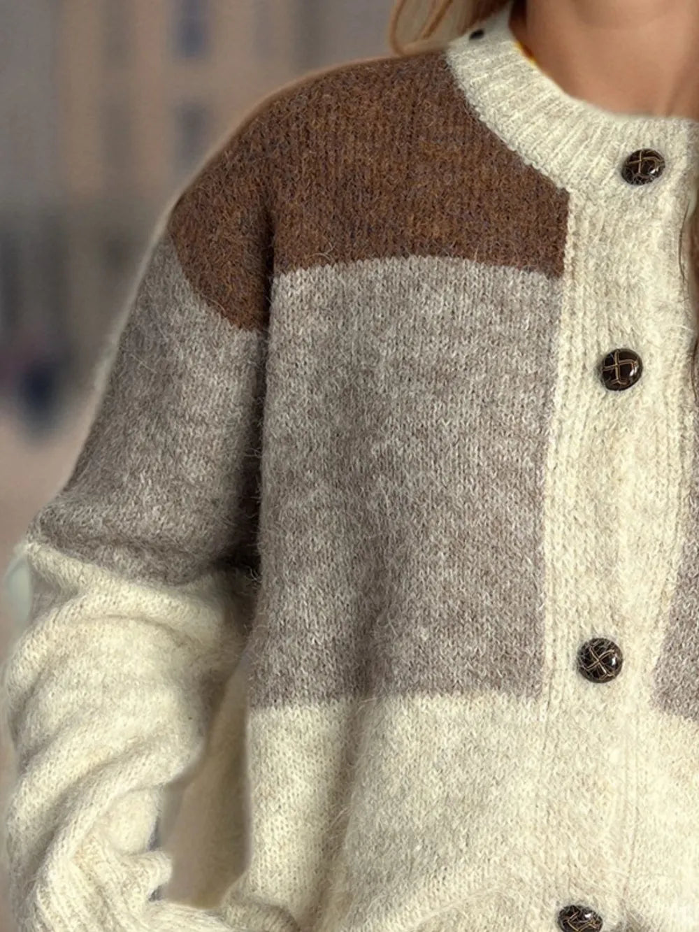 Elowyn™ | Color Block Round Neck Button-Up Cardigan