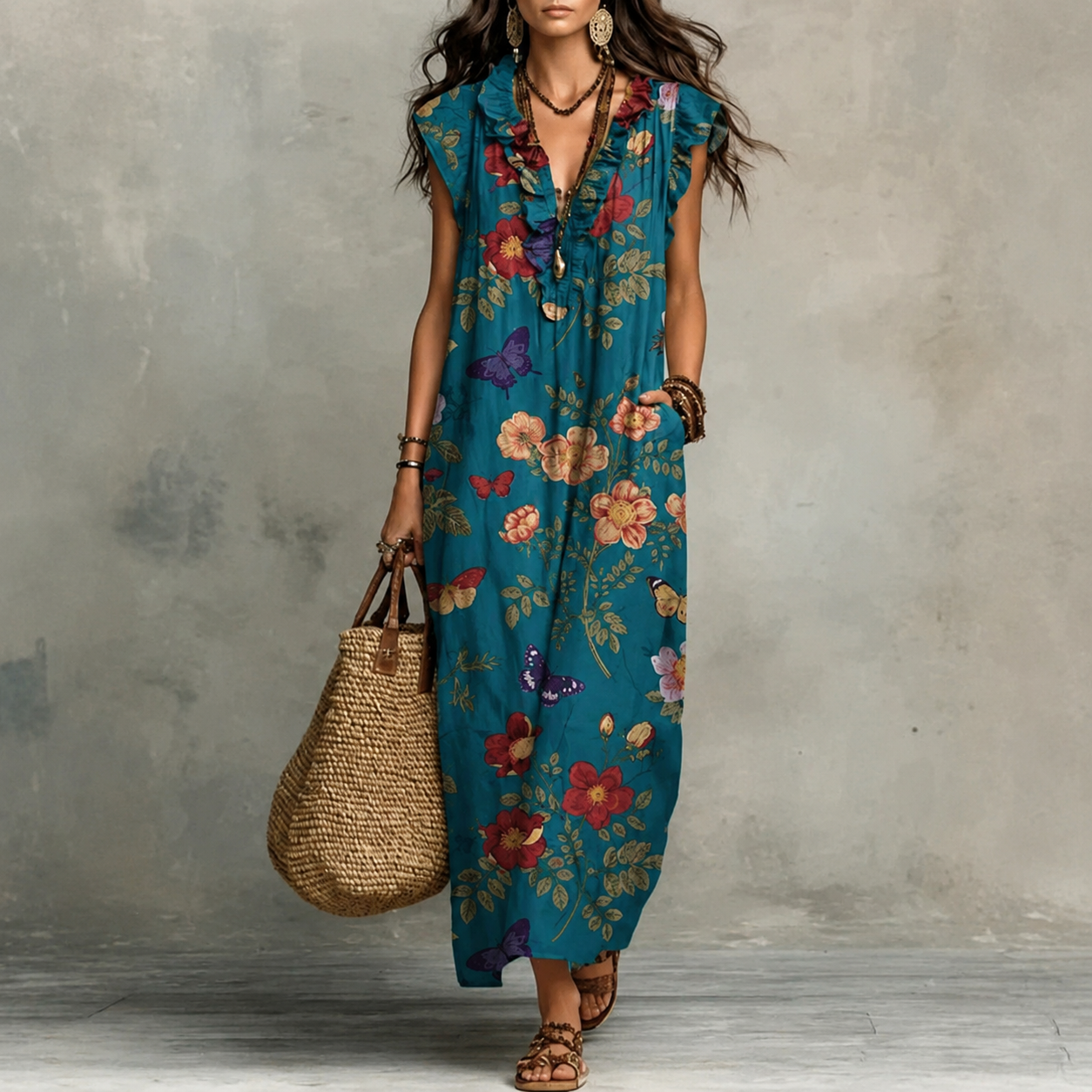 Florence™ | Vintage Floral V-Neck Maxi Dress