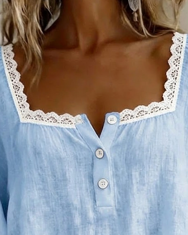 Trelaine™ | Lace-Trim Square Neck Blouse