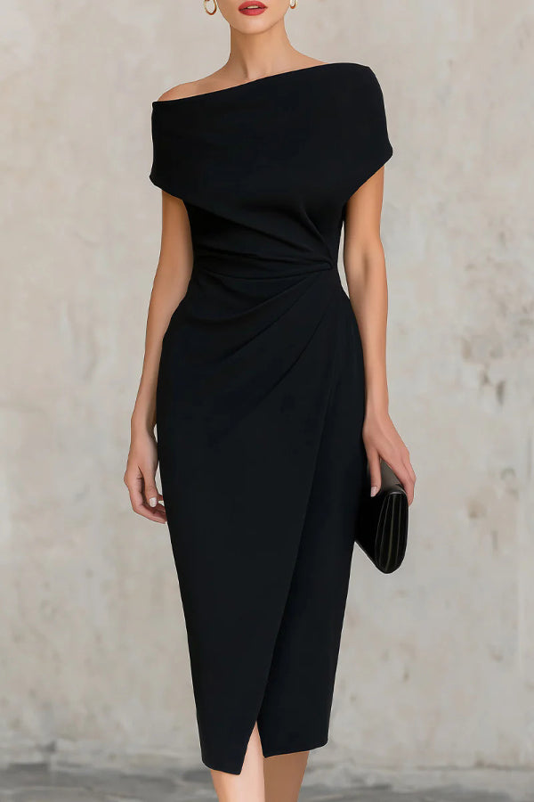 Voncelle™ | Elegant Short-Sleeve Slim-Fit Pleated Midi Dress