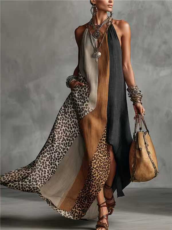 Sleeveless Maxi Dress with Contrast Leopard Pockets