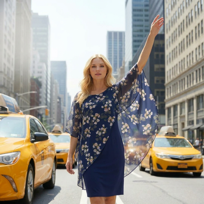 Farrah™ | Elegant Floral Cape Overlay Dress
