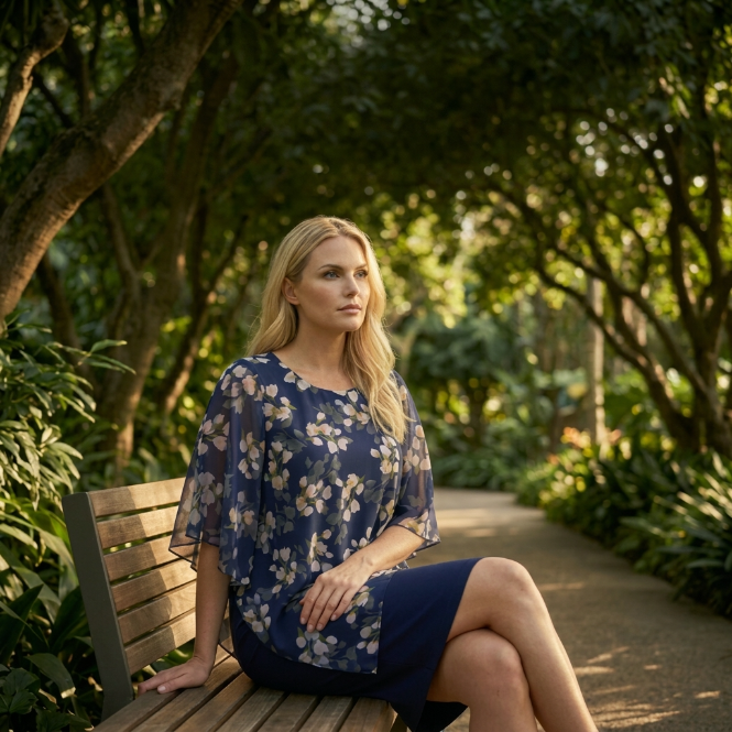 Farrah™ | Elegant Floral Cape Overlay Dress