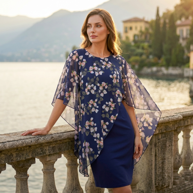 Farrah™ | Elegant Floral Cape Overlay Dress