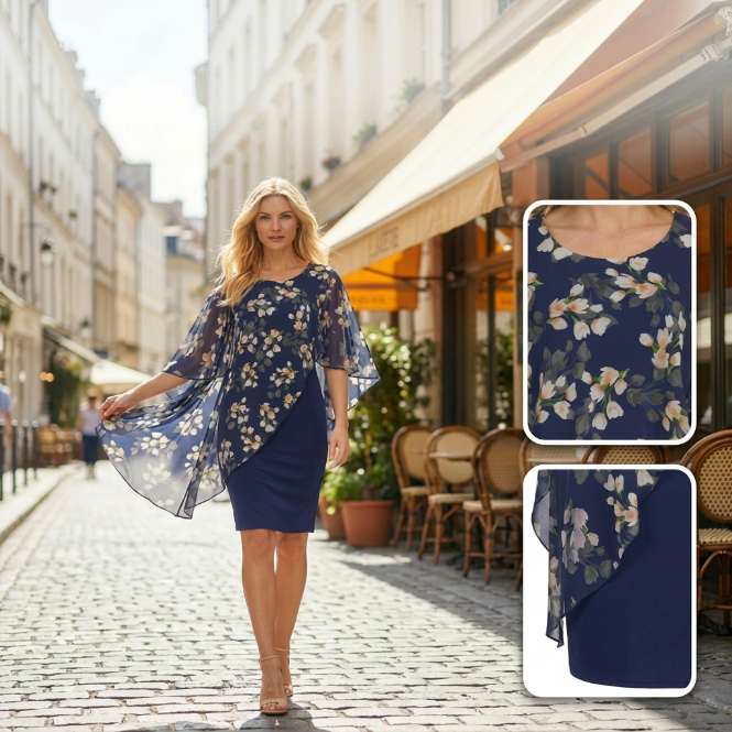 Farrah™ | Elegant Floral Cape Overlay Dress