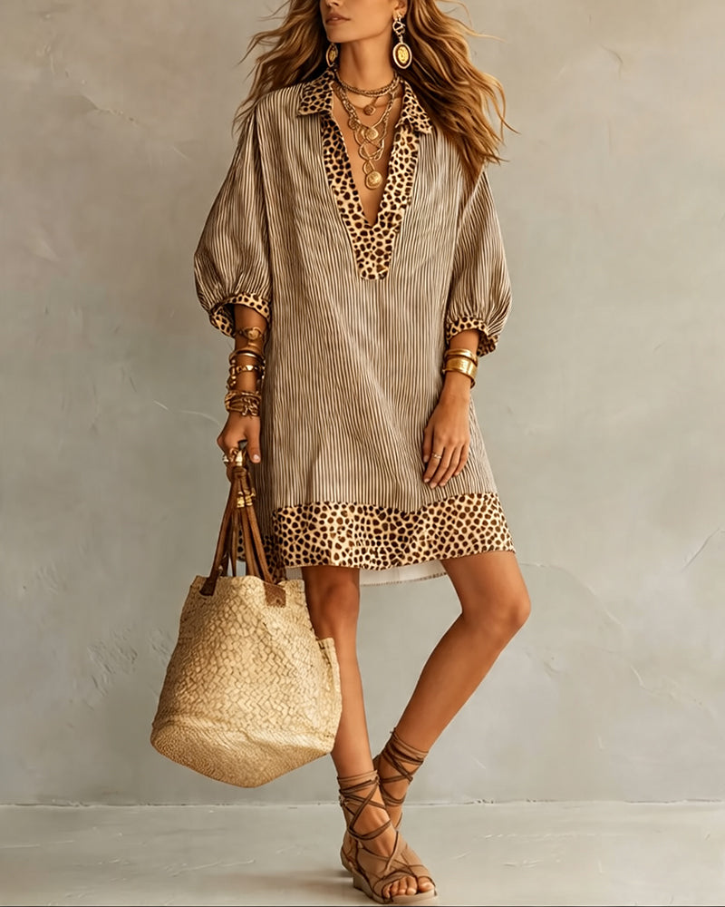 Roxana™ | Leopard Print Panel Puff Sleeve Striped Shirt Dress