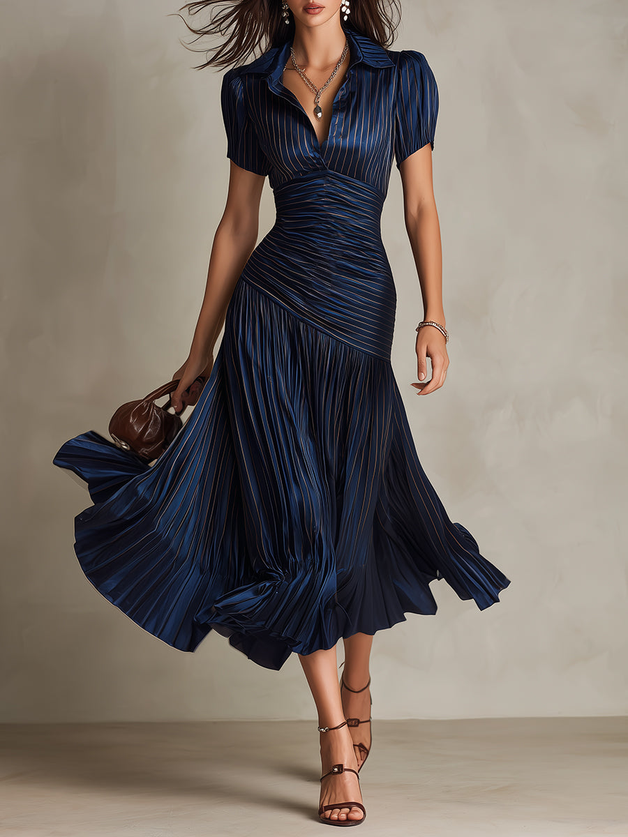 Eleanora | Retro Striped Satin Midi Dress