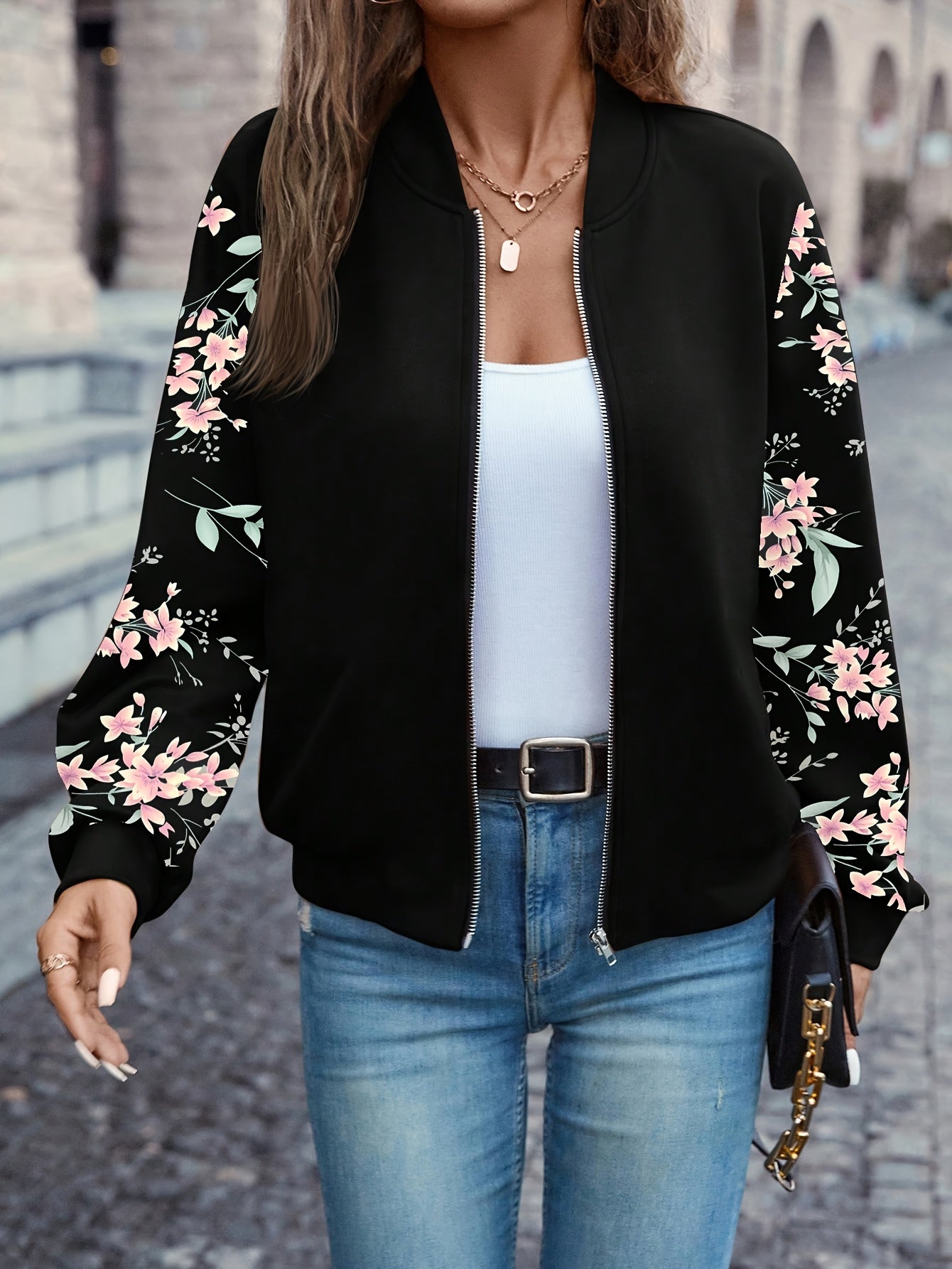 Sakurine™ | Floral Sleeve Zip Bomber Jacket