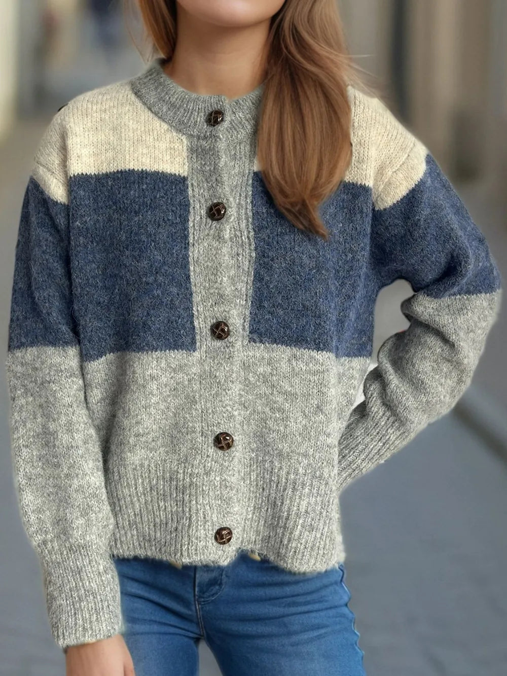 Elowyn™ | Color Block Round Neck Button-Up Cardigan