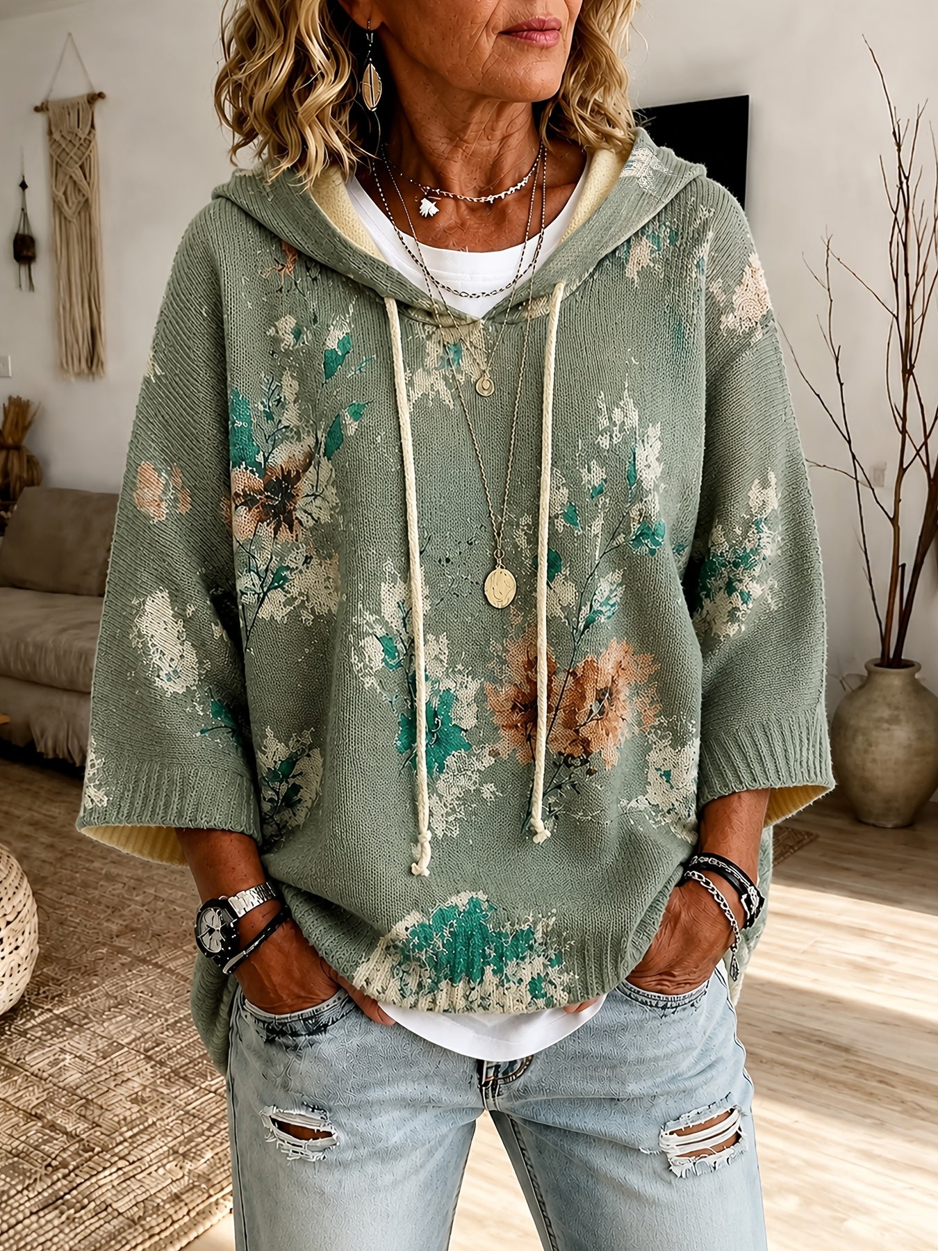 Nadia™ | Floral Hooded Cape Sweater