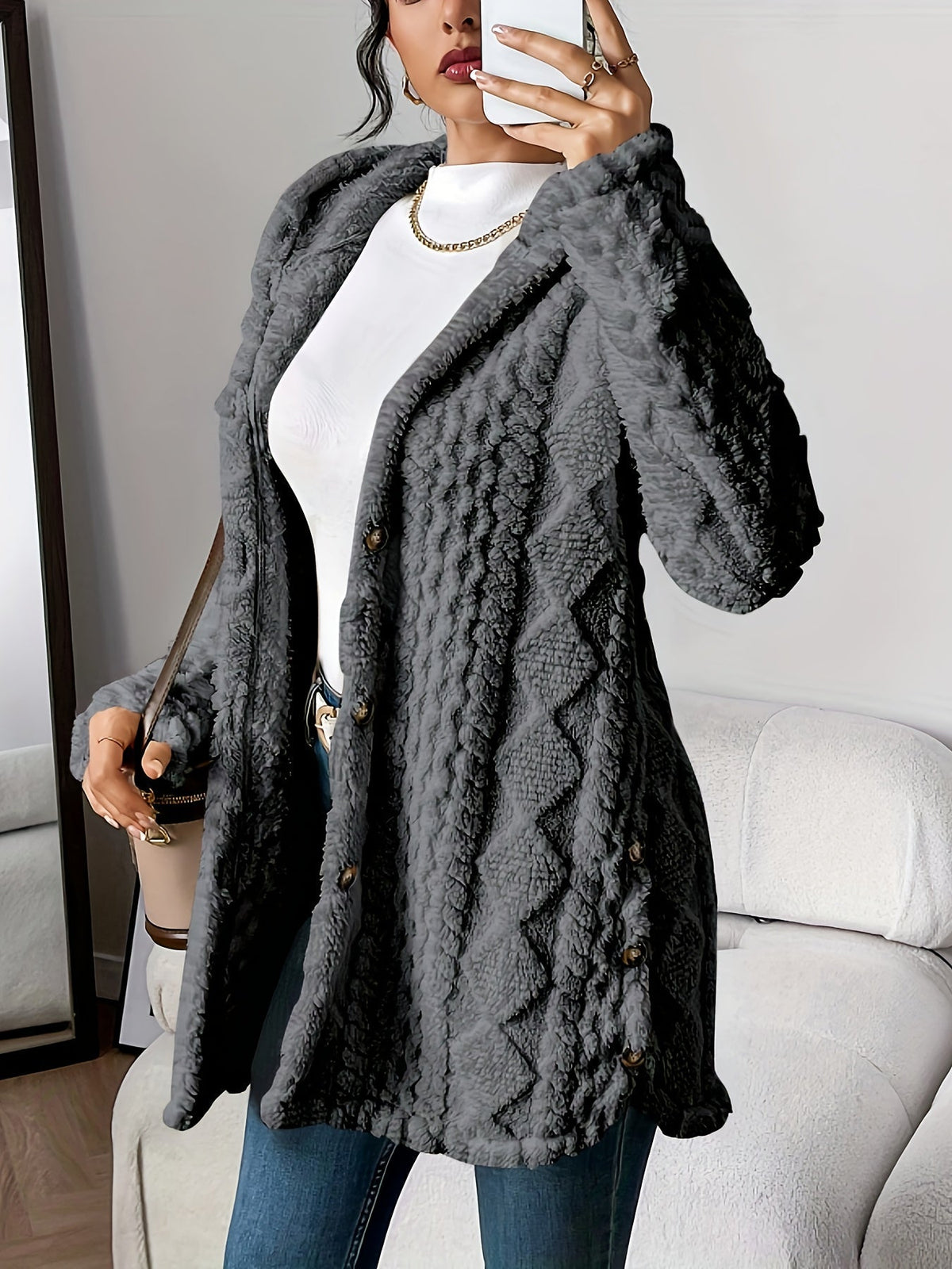 Women's Coat with Hood and Button Closure