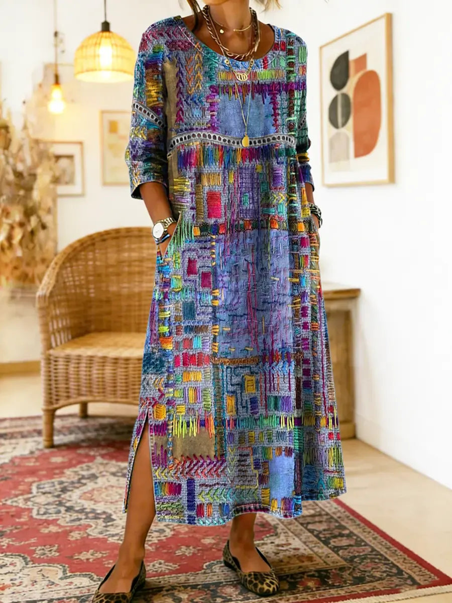 Frondine™ | Patchwork Ethnic Midi Dress