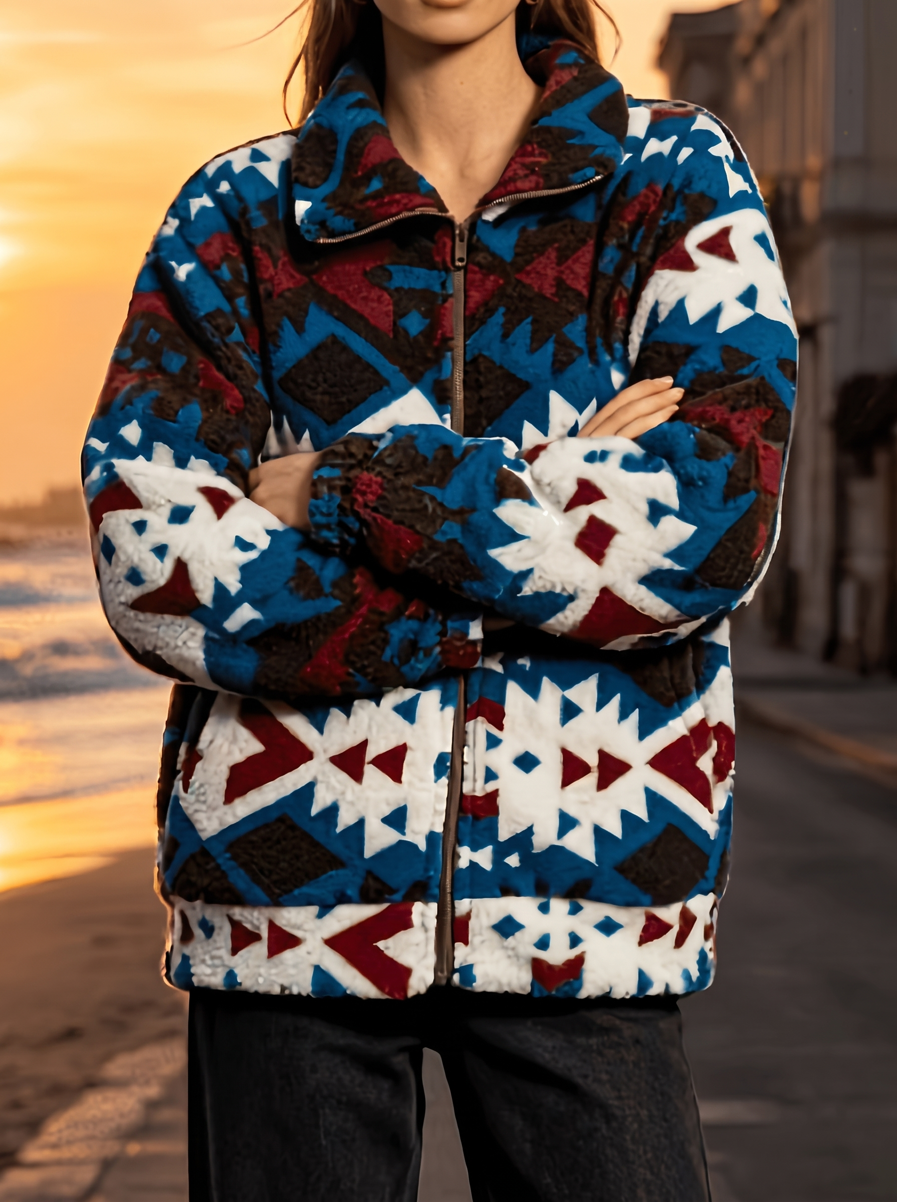 Calanthe™ | Teal Aztec Sherpa Jacket — 1