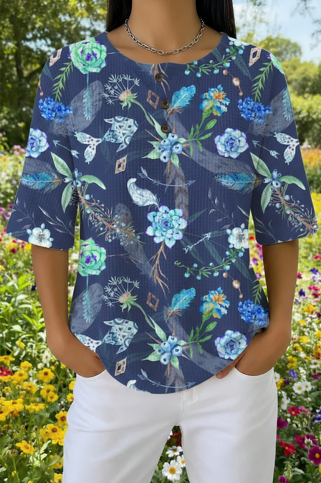 Mossara™ | Dark Blue Floral Print Casual Shirt