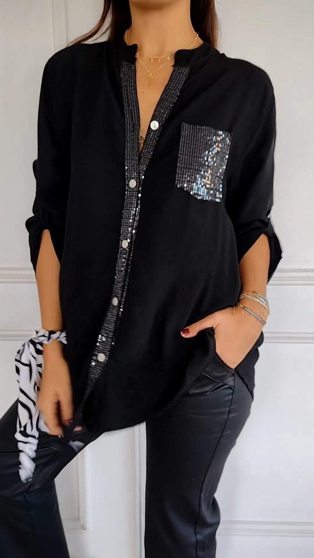 Lucette™ | Sequin Trim Button-Up Shirt