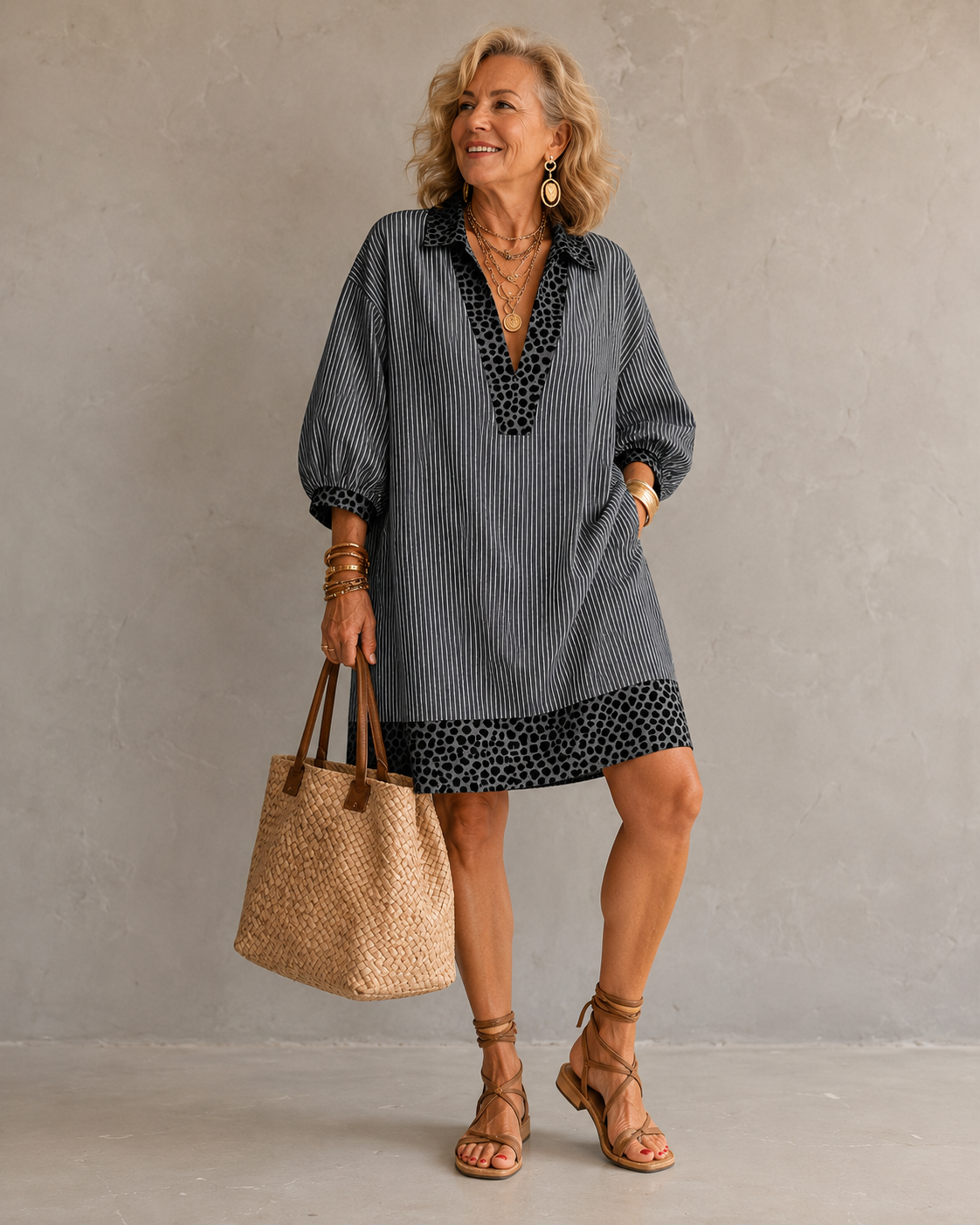 Imogen™ | Striped Dress with Leopard Trim