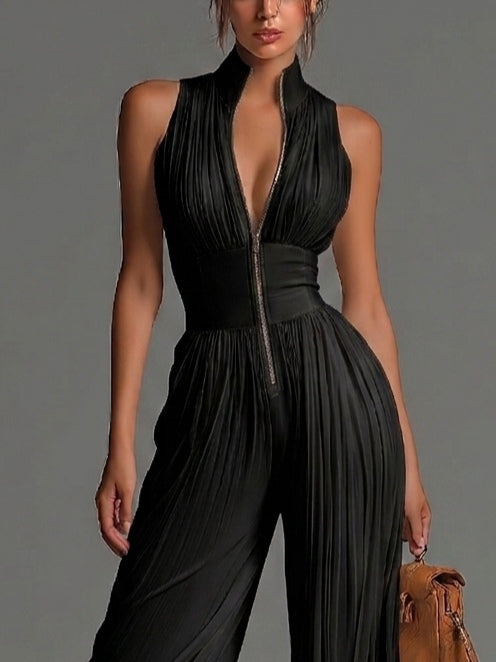 Louraine™ | V-Neck Sleeveless Zip-Up Pleated Wide-Leg Jumpsuit