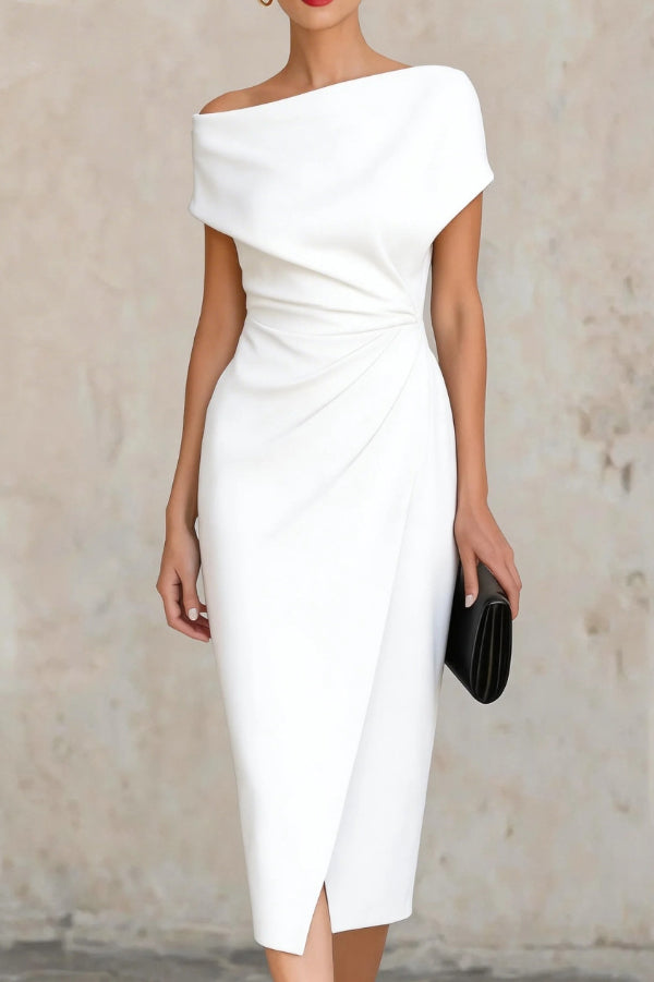 Voncelle™ | Elegant Short-Sleeve Slim-Fit Pleated Midi Dress
