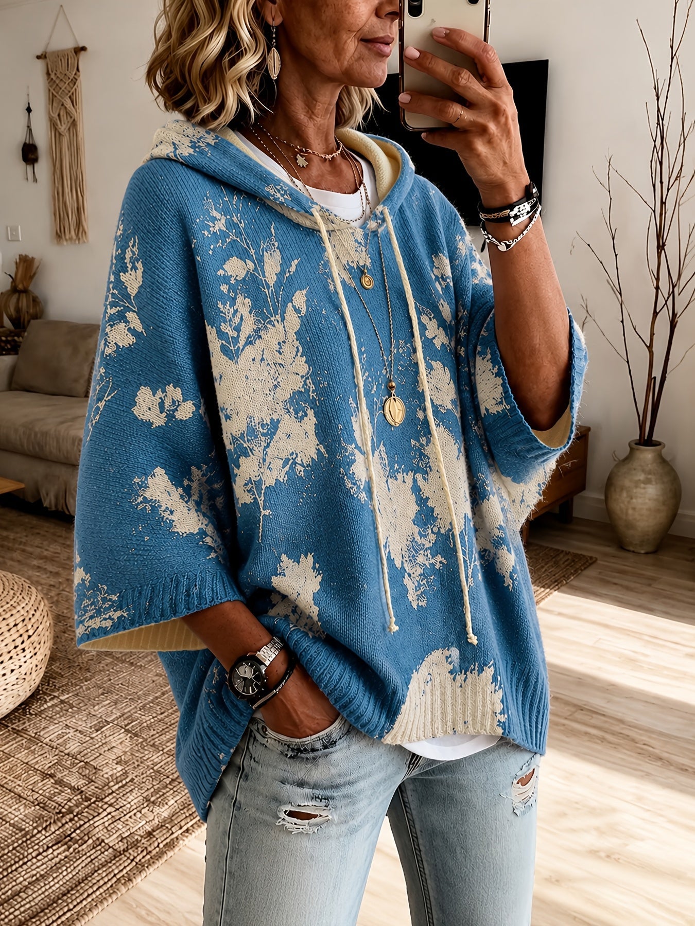 Nadia™ | Floral Hooded Cape Sweater