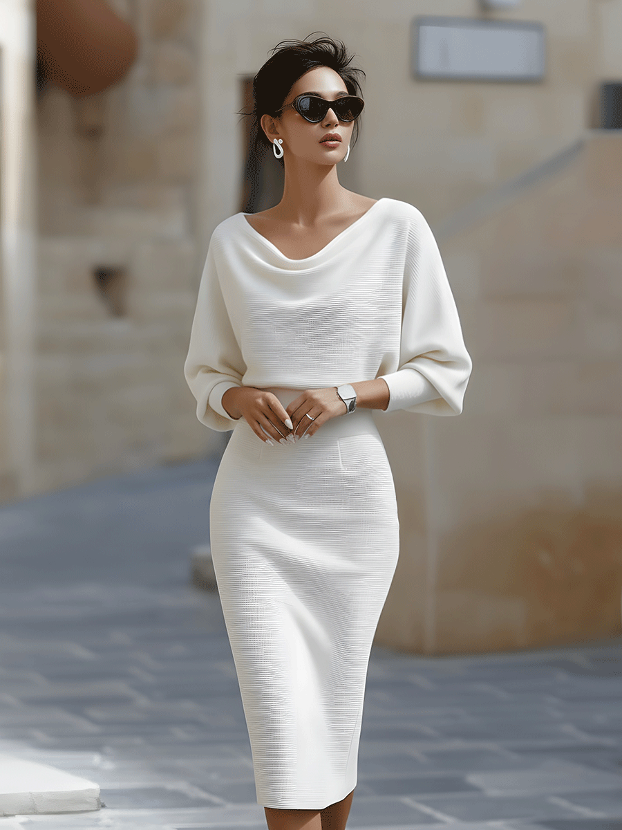 Belvaine™ | Draped Midi Dress with Batwing Sleeves