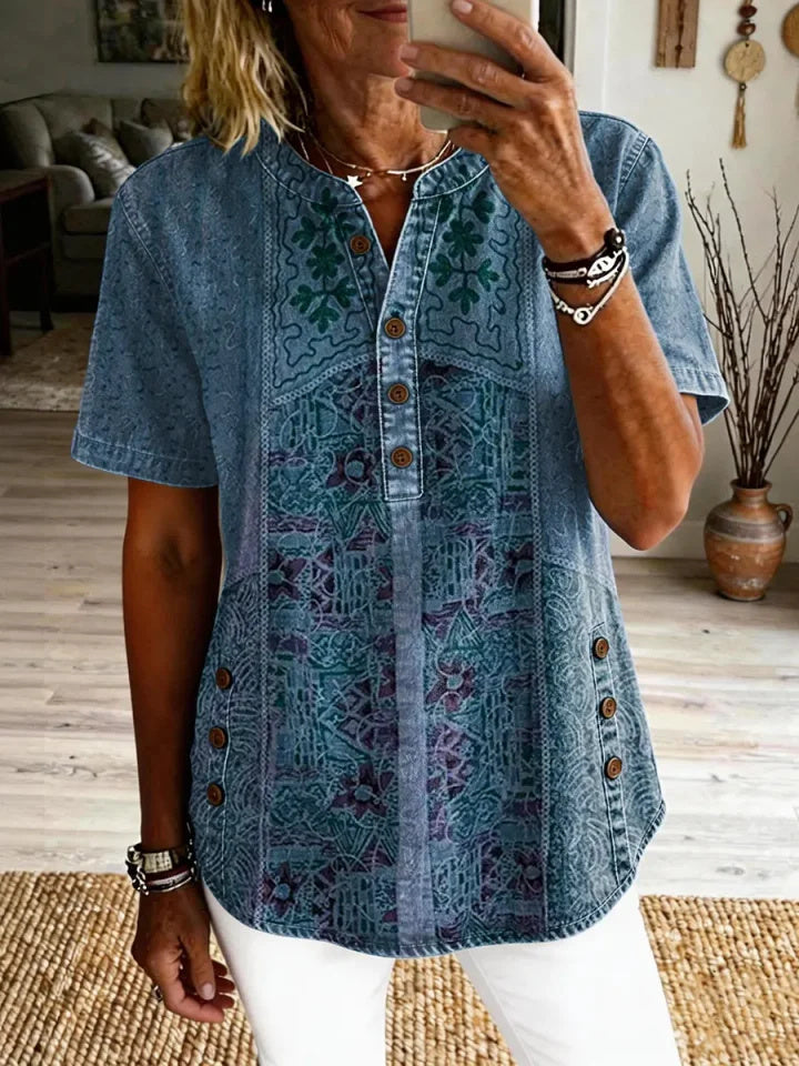 Fiorella™ | Vintage Ethnic Print Short-Sleeve Shirt