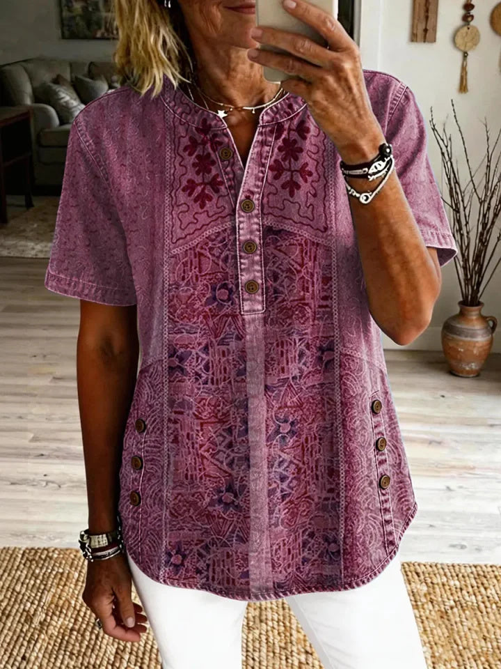 Fiorella™ | Vintage Ethnic Print Short-Sleeve Shirt
