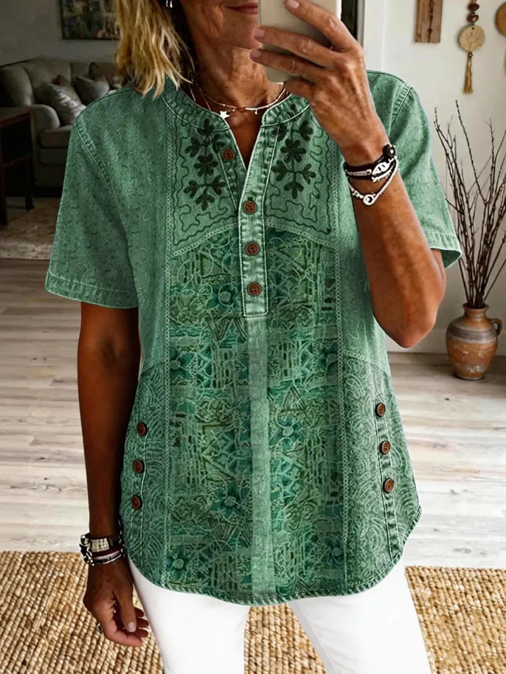 Fiorella™ | Vintage Ethnic Print Short-Sleeve Shirt