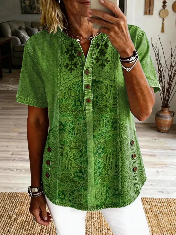 Fiorella™ | Vintage Ethnic Print Short-Sleeve Shirt