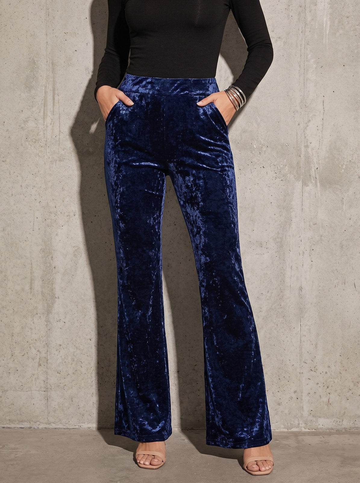 fionnuala navy crushed velvet flared trousers
