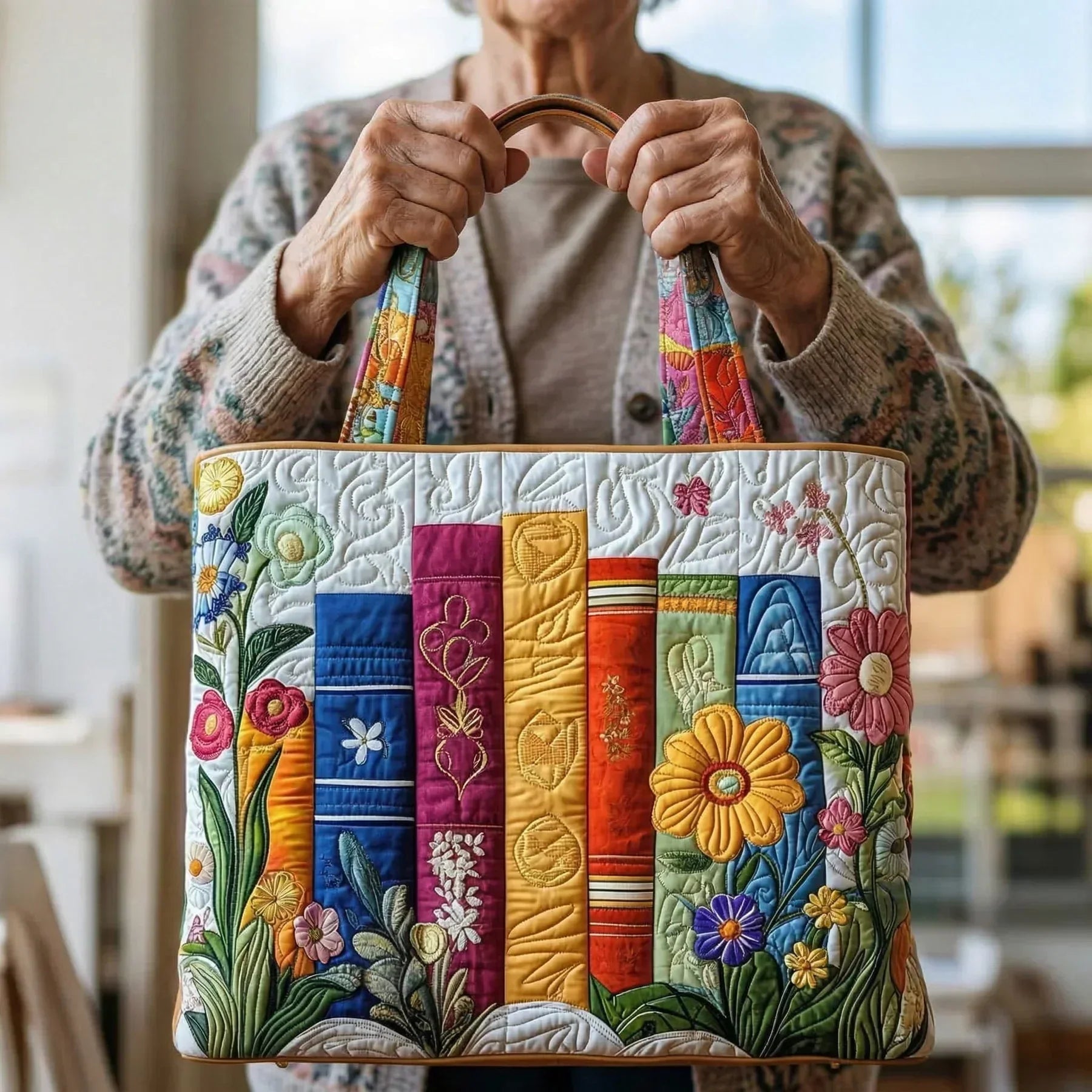 Rosvenelle™ | Handmade Quilted Floral Book Tote Bag