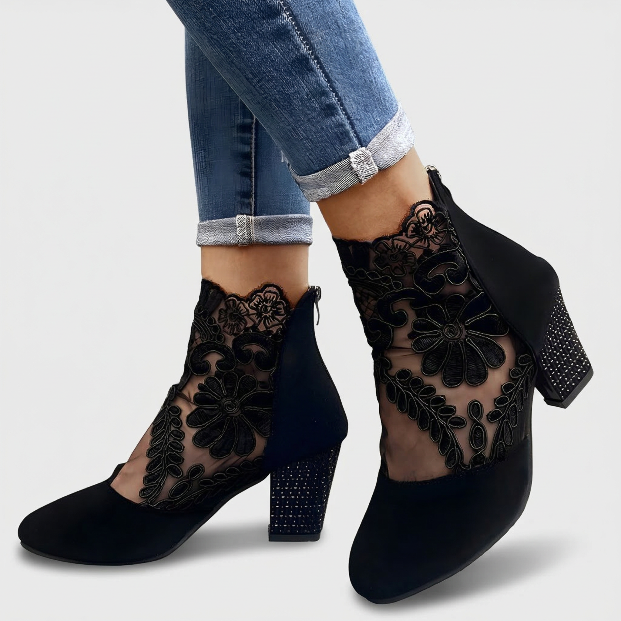 Hazel™ | Lace Embroidered Ankle Bootie Heel