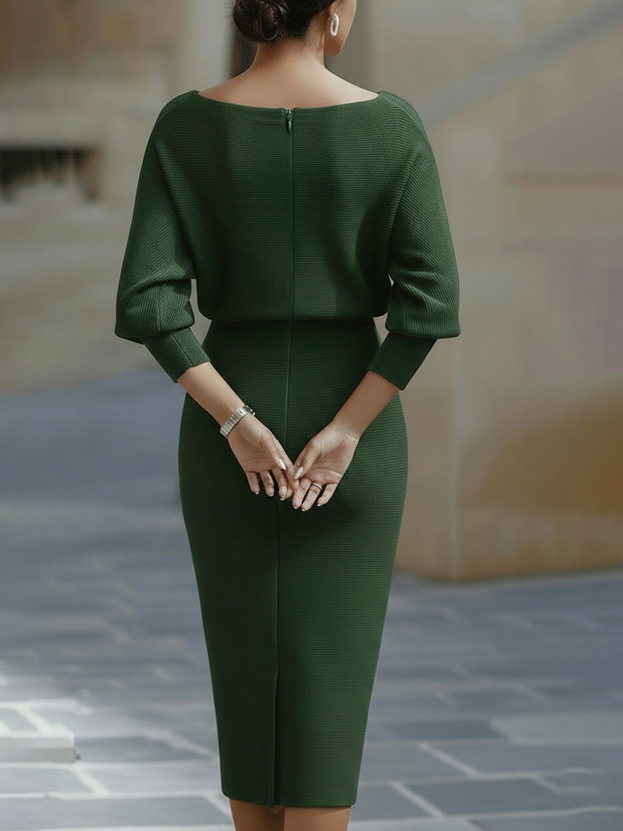 Belvaine™ | Draped Midi Dress with Batwing Sleeves