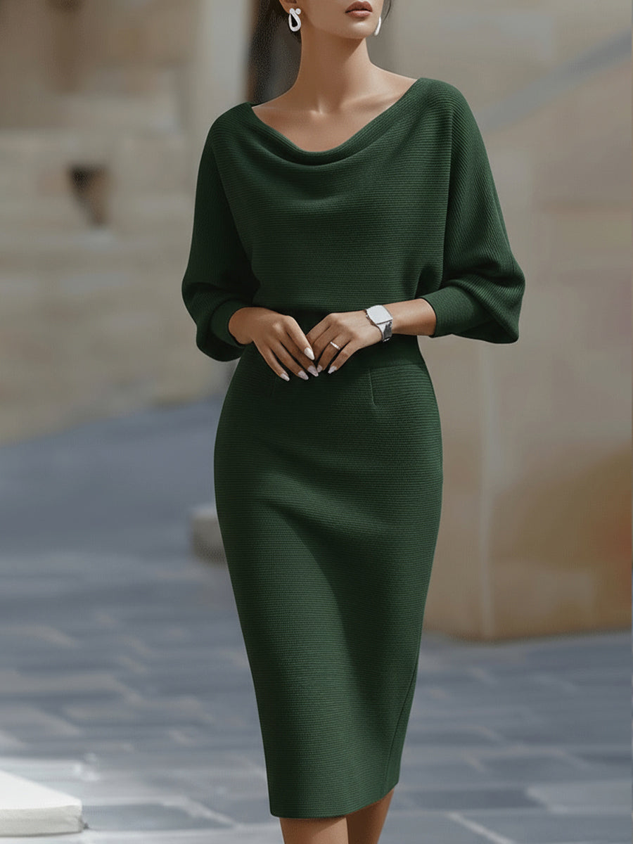 Belvaine™ | Draped Midi Dress with Batwing Sleeves