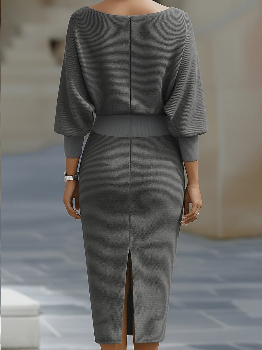Belvaine™ | Draped Midi Dress with Batwing Sleeves