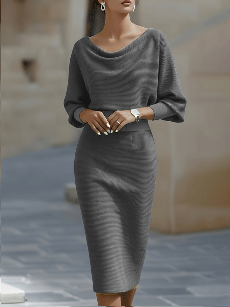 Belvaine™ | Draped Midi Dress with Batwing Sleeves