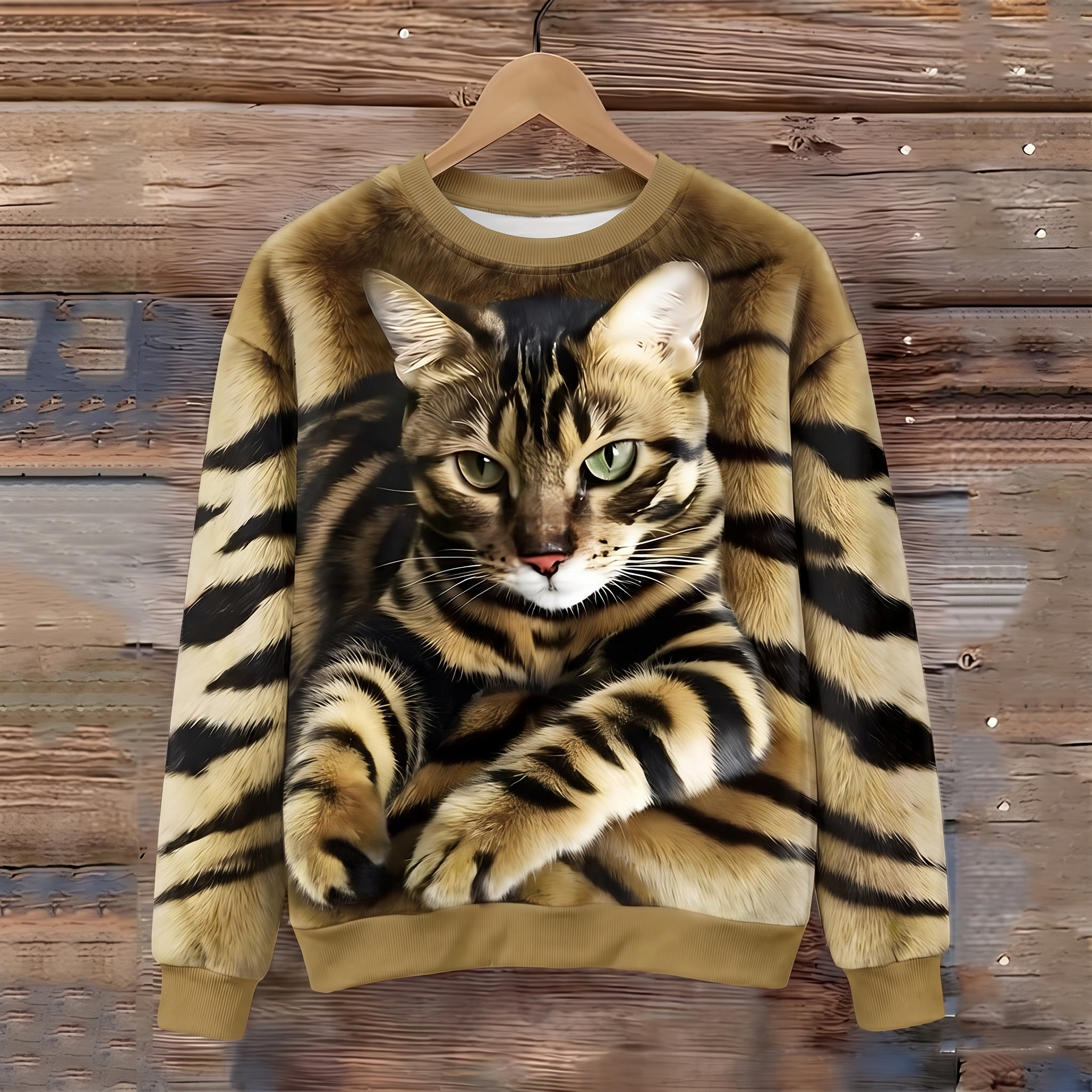 Halvora™ | Bengal Cat Print Sweatshirt — Khaki